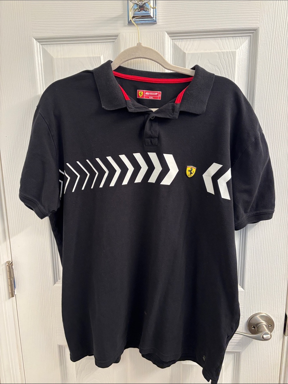Men's Scuderia FERRARI Black Polo with White Chevron Accents and Red Trim XXL